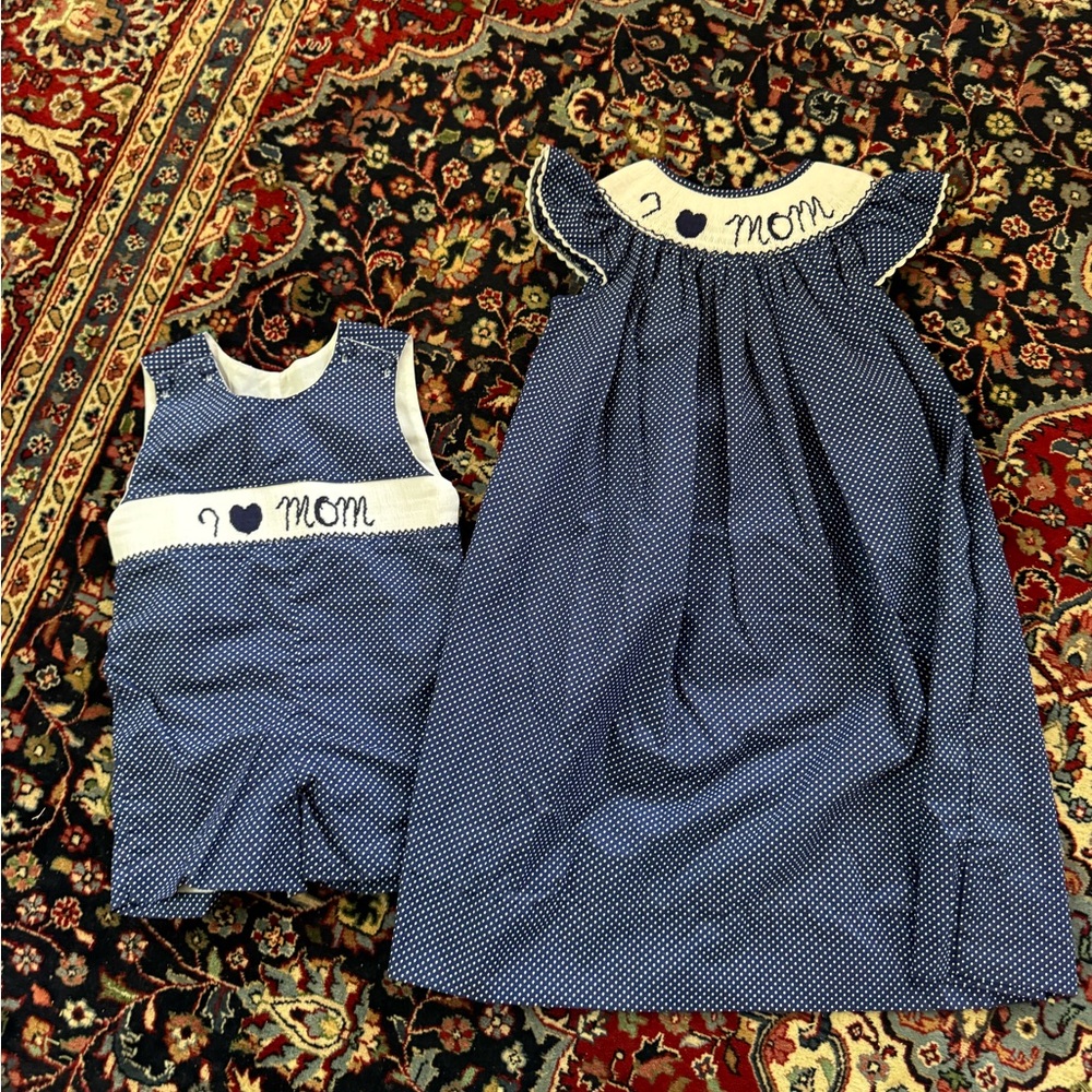 Matching Blue Polka Dot sibling mothered day Dress and Jon Jon set